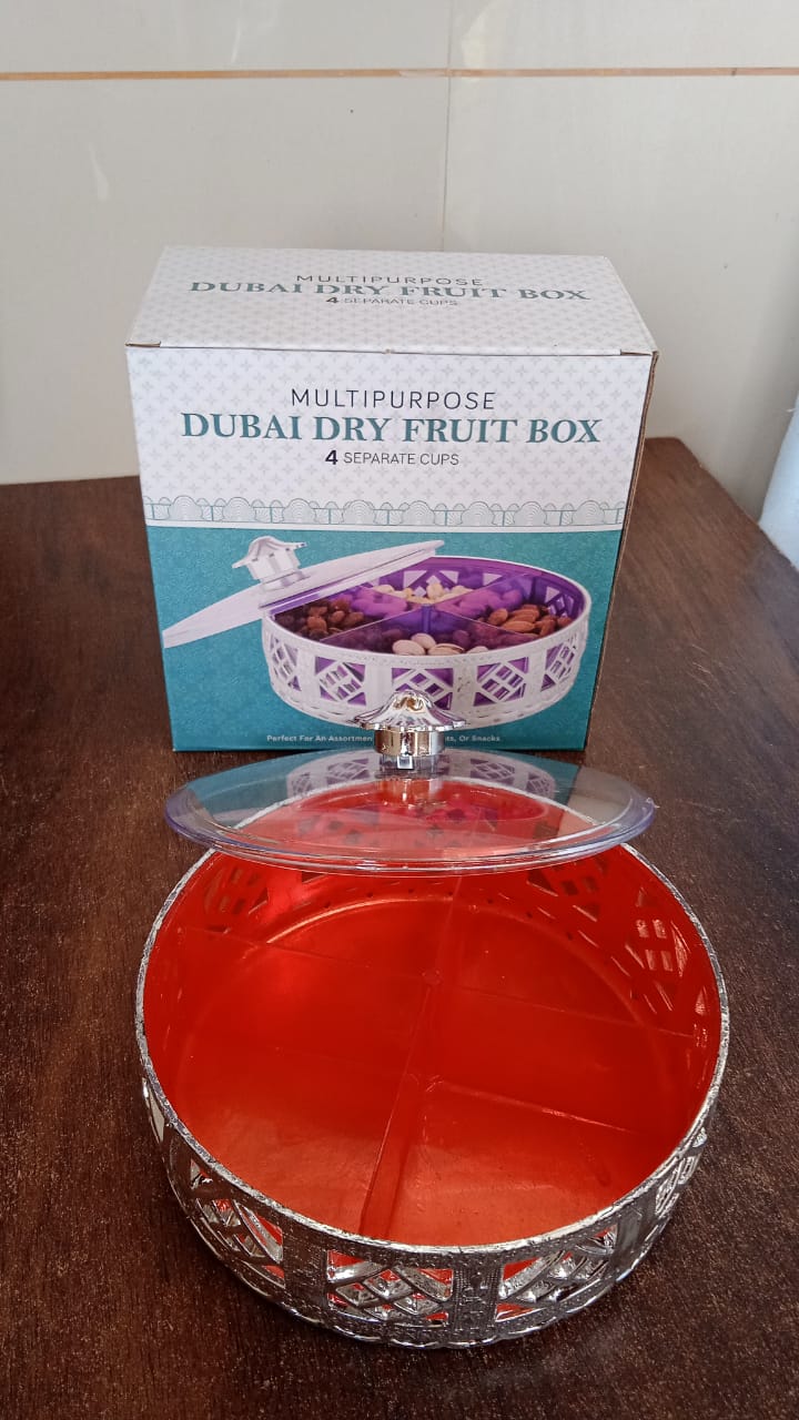 Multipurpose Dry Fruit Box 4 Section Dry Fruit Round Silver Gift Box (1 Pc) Multipurpose Dry Fruit Box 4 Section Dry Fruit Round Silver Gift Box (1 Pc)